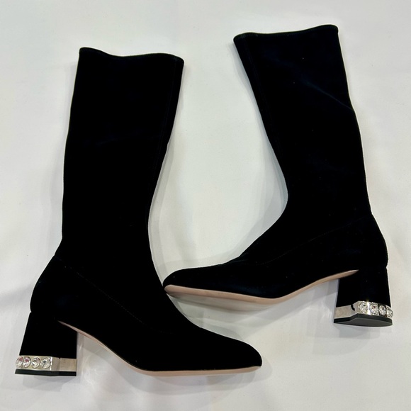 Miu Miu Black Knee-High Suede Boots with Crystal-Trim Block Heel - Picture 6 of 14